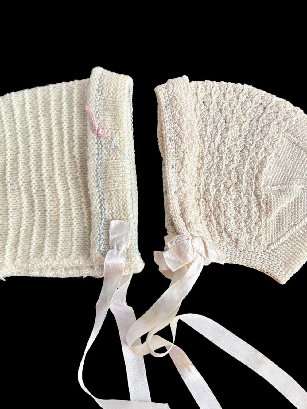 2 Vintage Hand Made Knit Crochet Baby Bonnets
